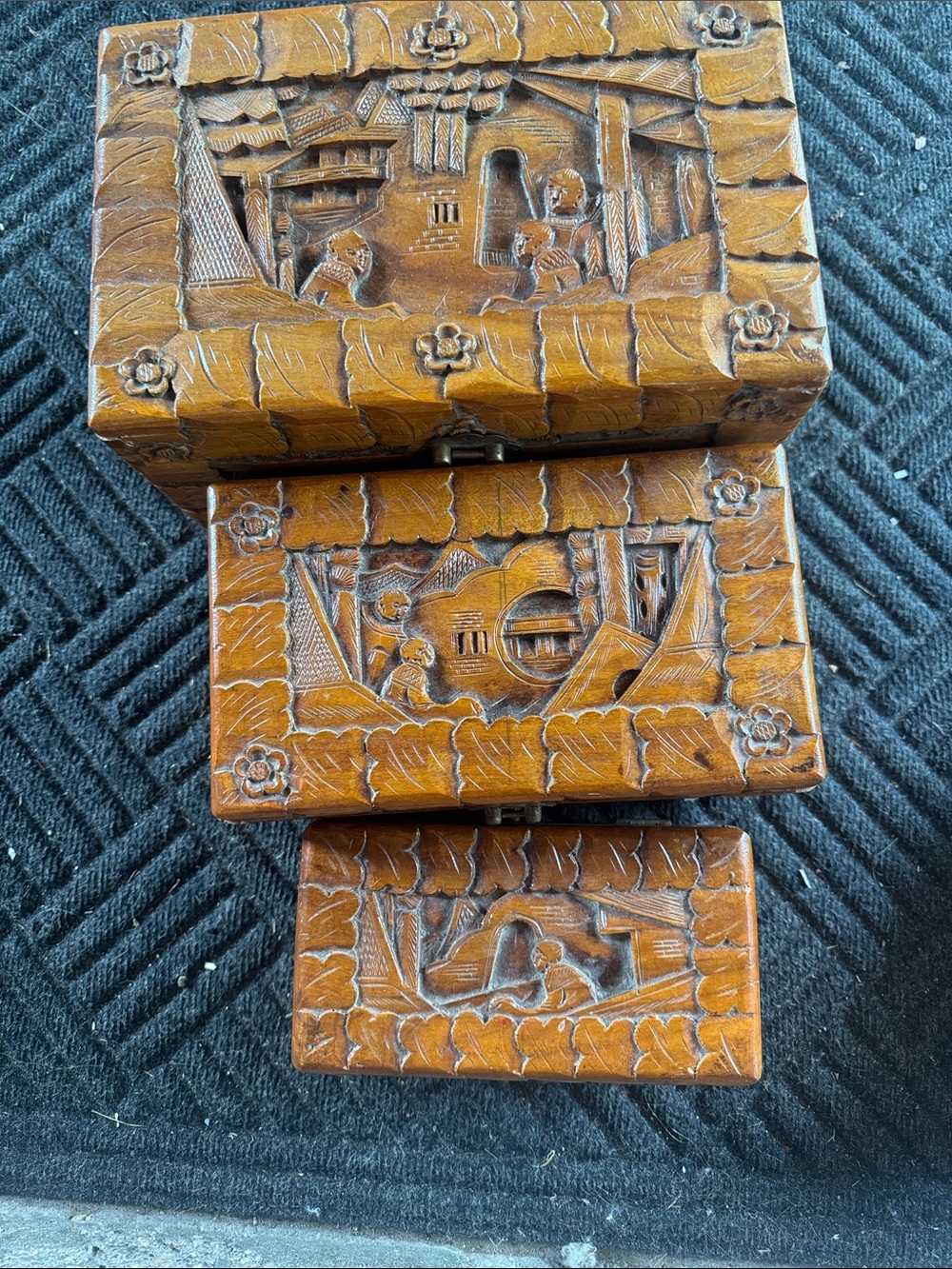 Hand-Carved Wooden Nesting Boxes - Carved Scene Set - Brown